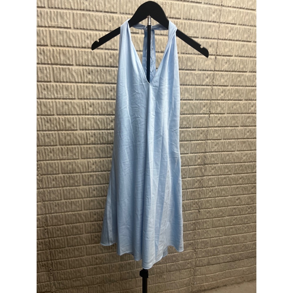 Target Light Blue Satin Halter Mini Dress V-Neck Tie Back Size L NEW